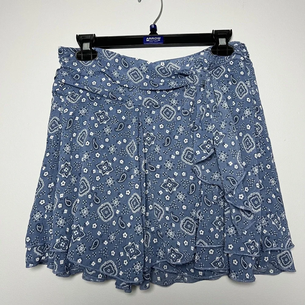 Aerie Blue Paisley Ruffle Wrap Mini Skirt‎ Size Large Fairy Romantic Whimsical